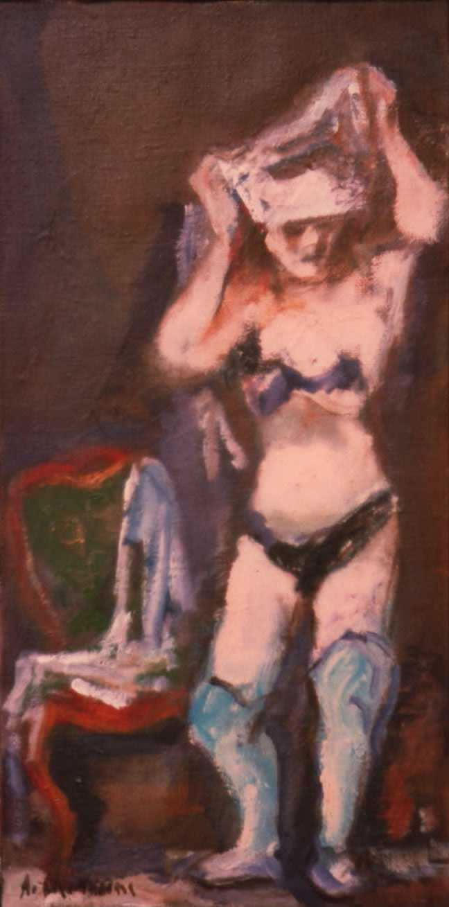 Figura che si spoglia, 1984, olio su tela, cm 60x30, Napoli, già collezione Di Caterino